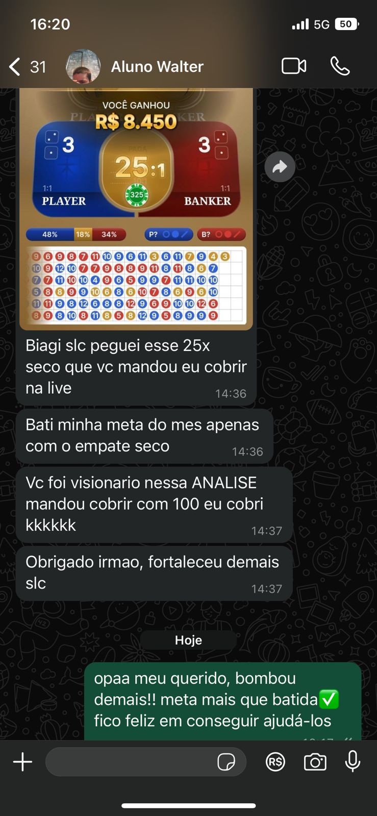 Feedback de aluno mostrando ganho de R$ 8.450