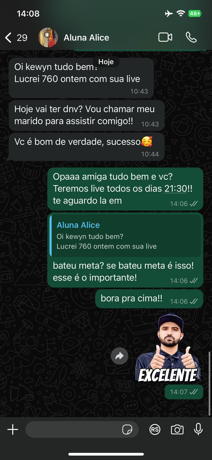 Feedback de aluna mostrando lucro de 760 reais